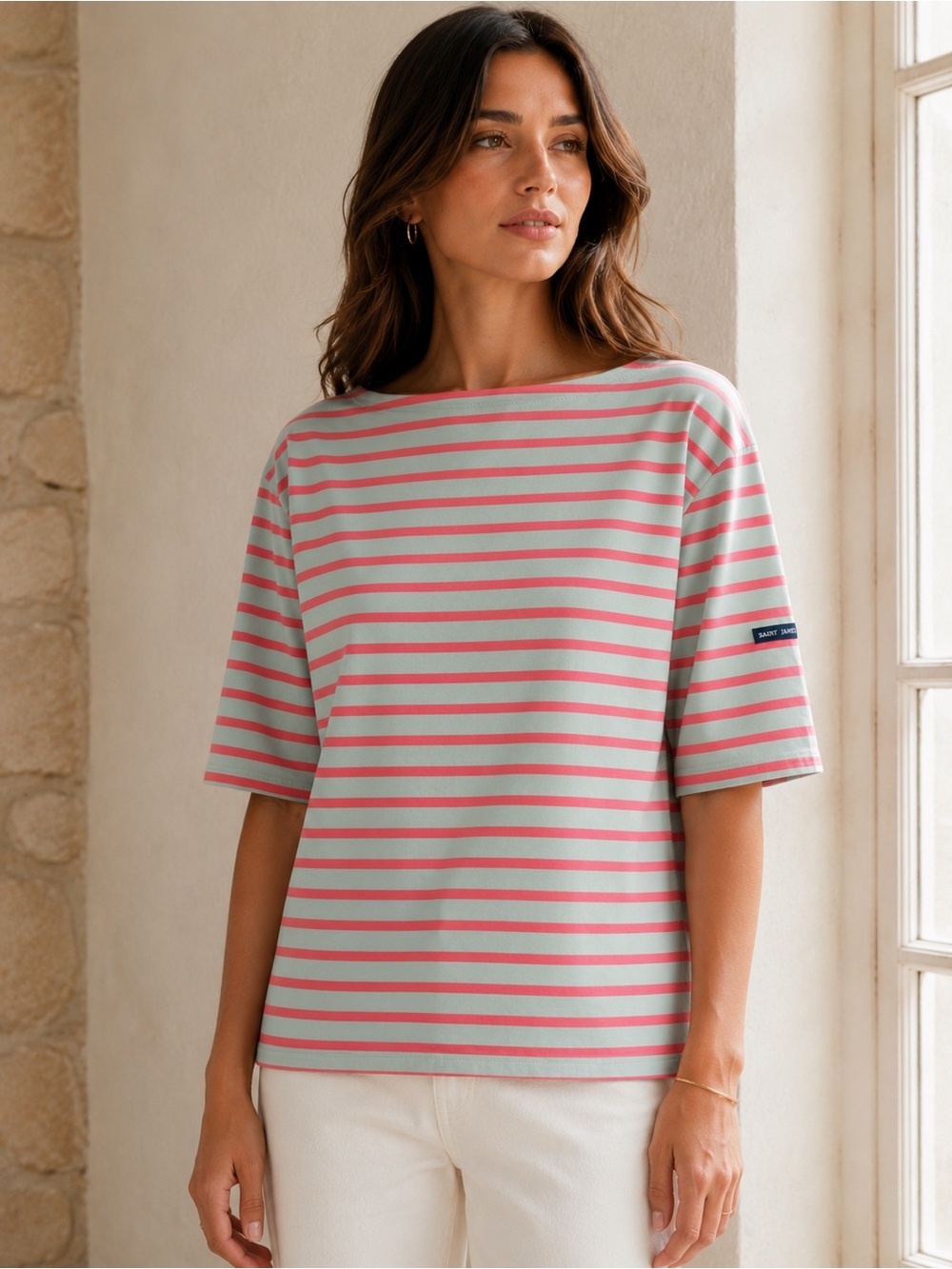 Saint James Pink & Mint Breton Stripe Boat Neck Tee | Made in France | Size 6